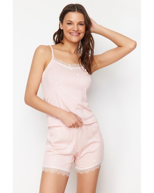 Trendyol Pink 5er-pack pyjama-set aus rippstrick mit herzmotiv