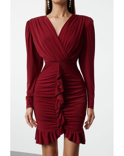 Trendyol Red Burgunderrotes, Kurzes Abendkleid Aus Strick – Gefüttert Und Mit Volant Für Damen