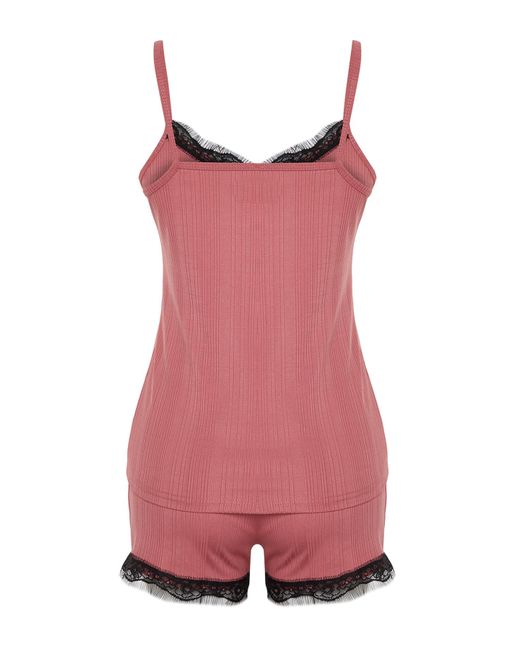 Trendyol Pink Pyjama-set aus strick mit kordel – spitzendetail, seilriemen