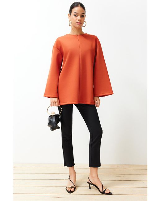 Trendyol Orange Kachelförmiger frontreißverschluss, detailliertes, stilvolles taucher-/scuba-strick-sweatshirt