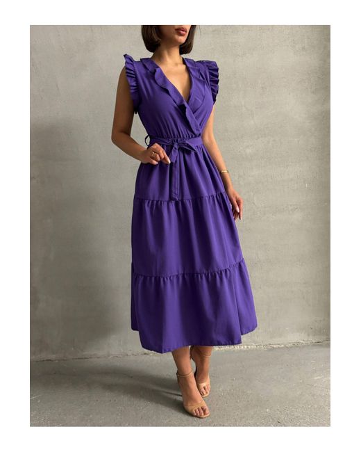BEJNA Purple Lilafarbenes Kleid Mit Volant Und Zweireihigem Ausschnitt Für Damen