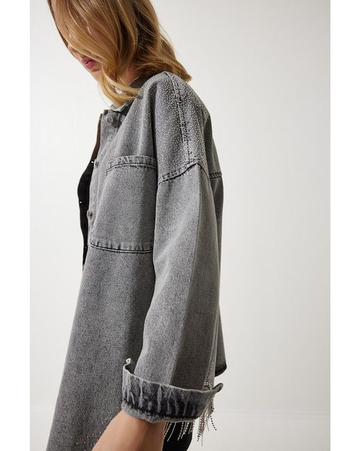 Happiness İstanbul Gray Happiness istanbul e oversize-jeansjacke mit kettendetail