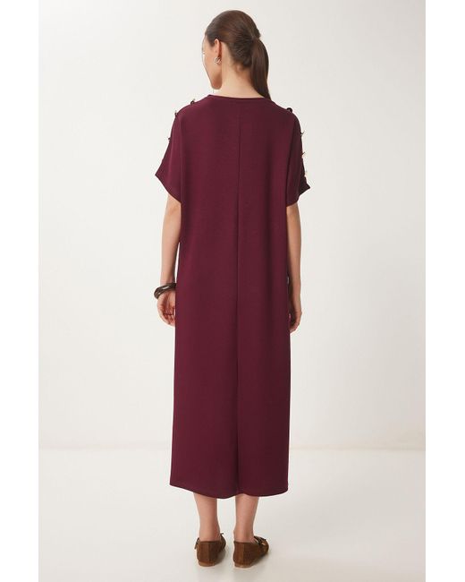 Happiness İstanbul Red Burgunderrotes, Detailliertes Sommer-Strickkleid Mit Knöpfen Für Damen