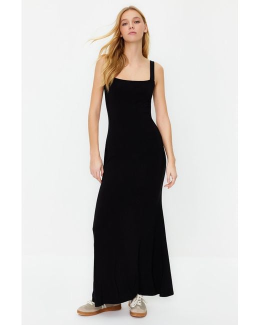 Trendyol Black Schwarzes, Figurbetontes/Figurbetontes Maxi-Bleistiftkleid Aus Flexiblem Strick Mit Dicken Trägern Für Damen