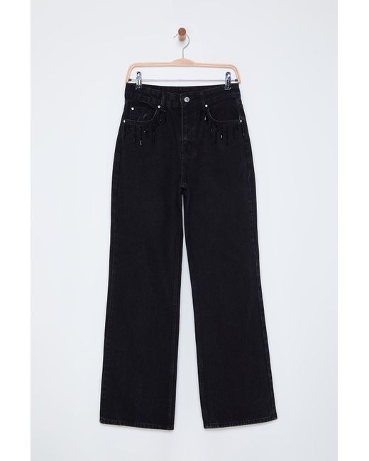 Trendyol Blue Schwarze Strass-Jeans Mit Hoher Taille Und Weitem Bein Und Taschendetail Für Damen