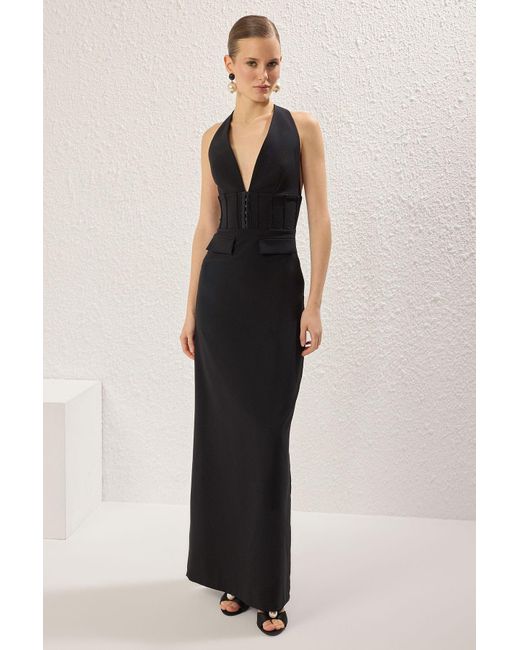 Trendyol Blue Schwarzes, Gerades, Gerades, Geripptes, Gewebtes Finike-Maxi-Abendkleid Und Heimkehrkleid Für Damen