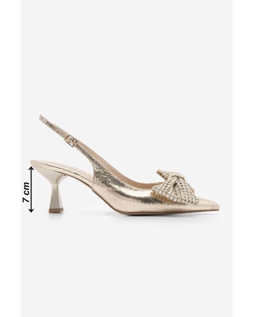 Marjin White Goldfarbene Stiletto-Schuhe Mit Spitzer Zehenpartie Und Schleifendetail Und Steinabsatz Für Damen