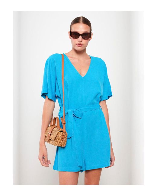LC Waikiki Blue Gerader Overall Mit V-Ausschnitt Und Kurzen Ärmeln Für Damen