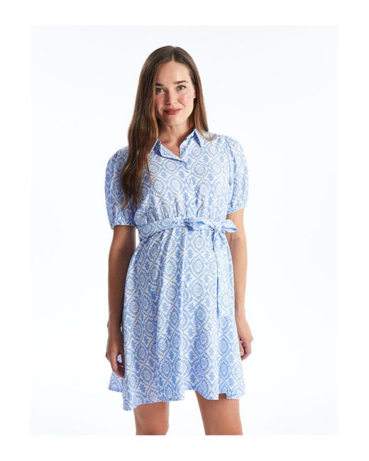 LC Waikiki Blue Umstands-Hemdkleid Gemustert Und Kurzärmlig Für Damen