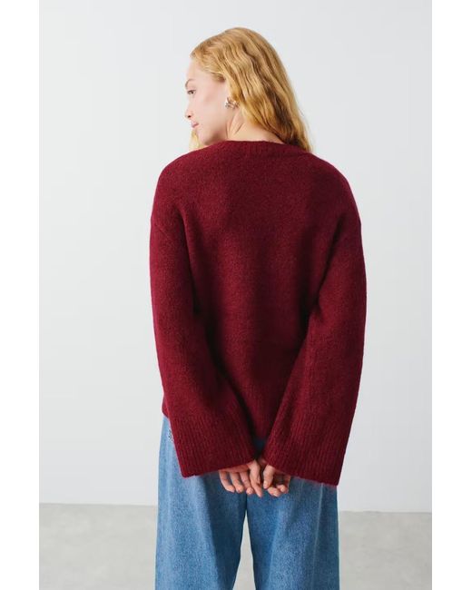 Madmext Red Modell Bordeauxrot V-Ausschnitt Oversize Strickpullover Für Damen