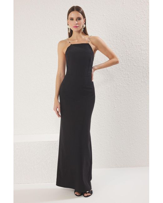 Trendyol Black Schwarzes, Mit Perlen Gewebtes, Langes, Elegantes Abendkleid Für Den Abschlussball Für Damen