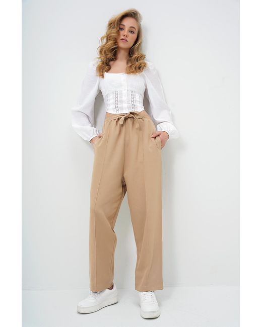 Trend Alaçatı Stili Natural Beigefarbene Palazzo-Pantalon Aus Leinen Mit Hoher Taille Und Doppelten Taschen Für Damen