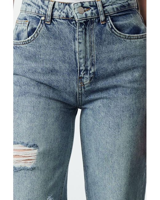 Trendyol Blue Blaue Zerrissene Jeans Mit Weitem Bein Und Hoher Taille Für Damen