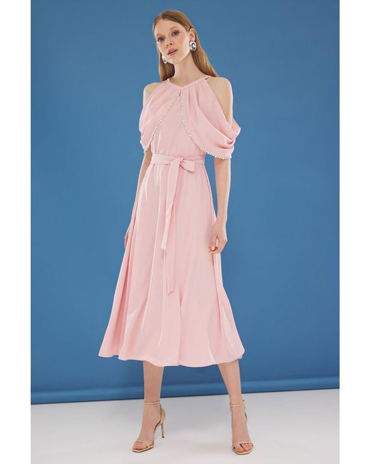 Trendyol Blue Stilvolles Midi-Abendkleid Mit Perlenstickerei, Puder-A-Linie Und Abendkleid Für Damen