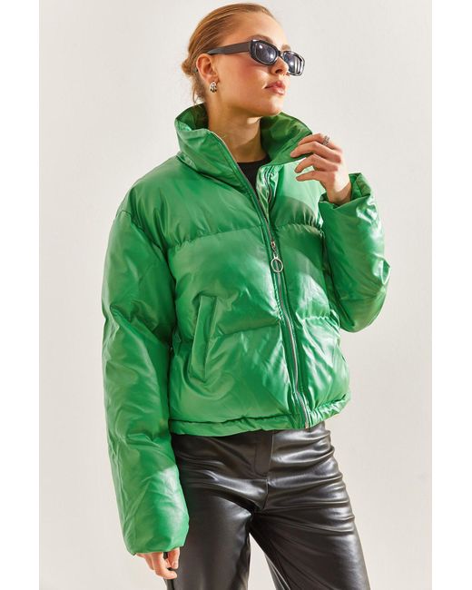 Bianco Lucci Green Puffermantel Aus Leder Mit Judge-Kragen Für Damen
