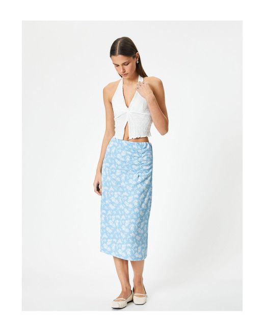 Koton Blue Floral Midi Bleistiftrock Drapiert Detaillierte Hohe Taille Bequeme Passform Strukturiert Für Damen