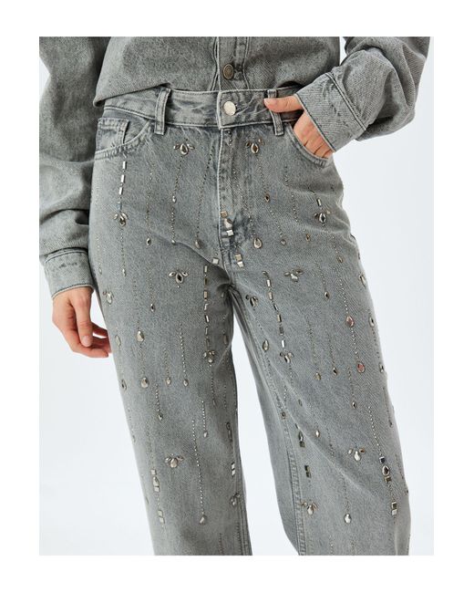 Koton Gray Gerade Lange Jeans Mit Steindetails – Normale Taille, Lange Beine Für Damen