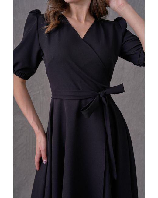 Lovebox Pink Schwarzes, Zweireihiges Midikleid Mit Ausschnitt – Asymmetrisch Geschnittenes, Ausgestelltes Kleid Mit Gürtel 410 Für Damen
