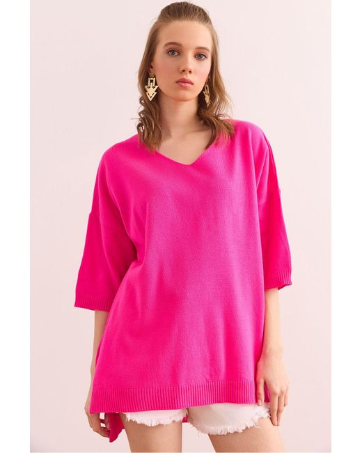 Olalook Pink Fuchsiafarbene, Kurzärmlige, Fließende Bluse Mit V-Ausschnitt Blz- 19002899 Für Damen