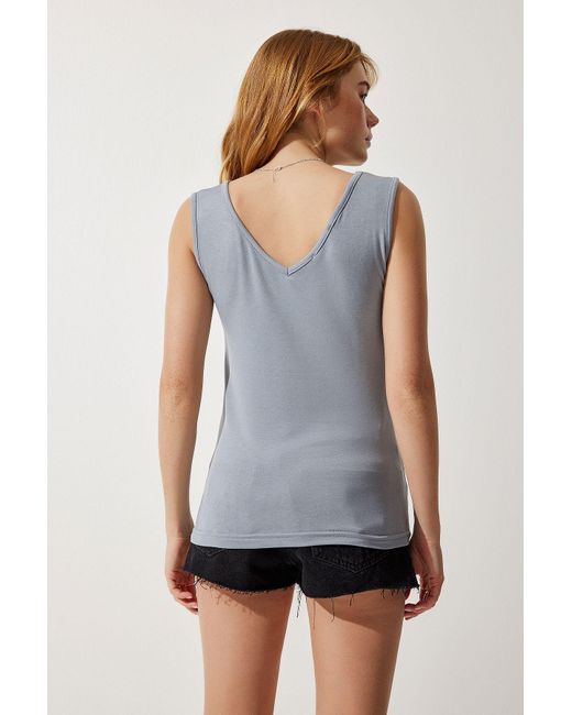 Happiness İstanbul Gray Graue Bluse Aus Viskose Mit Tiefem V-Ausschnitt Für Damen