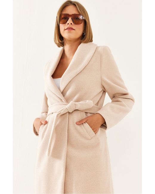 Bianco Lucci Natural Mantel Aus Kaschmir Mit Gürtel – 2353 Für Damen