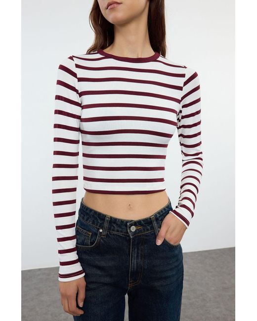 Trendyol Red Premium Viskose Stretch Bluse Bordeauxrot Gestreift, Weicher Stoff, Fittedcrop Twoaw24Bz00048 Für Damen