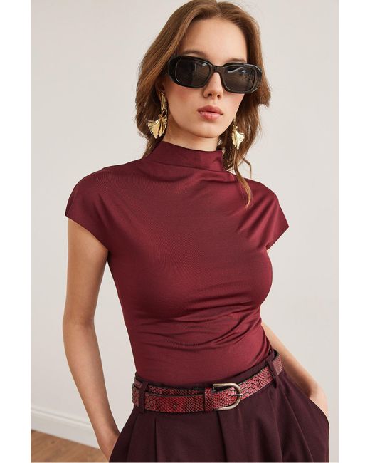 Olalook Red Burgunderrote Bluse Mit Stehkragen Und Fledermaus-Crop-Micro-Bluse Blz- 19002873 Für Damen