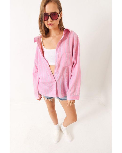 Bianco Lucci Pink Gestreiftes Taschenhemd Aus Modal