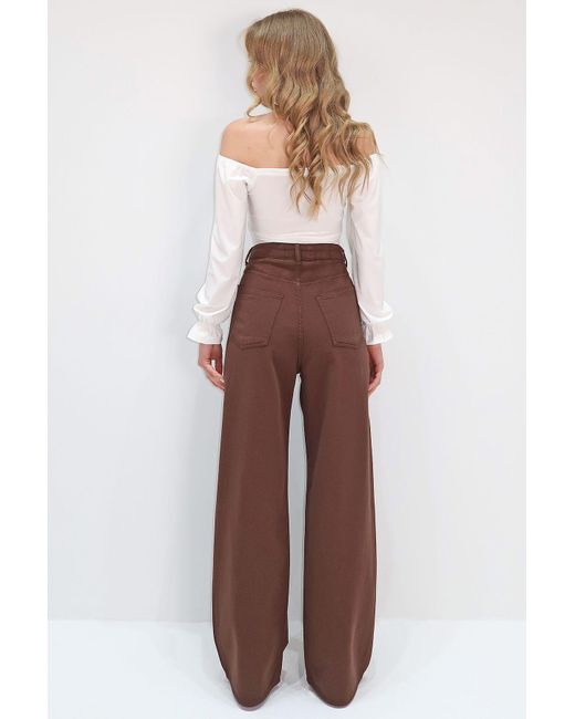 Trend Alaçatı Stili Brown Braune Sommer-Gabardine-Hose Mit Hoher Taille Und Fünf Taschen Für Damen