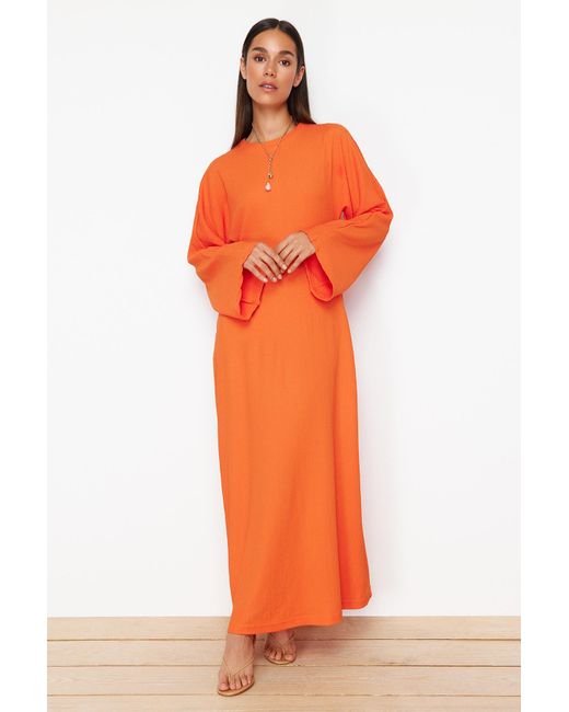 Trendyol Orange Farbenes strickkleid mit spanischen ärmeln