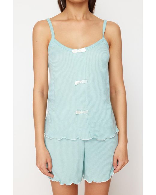 Trendyol Blue Es pyjama-set aus strick mit kordel – schleifendetail, seilriemen