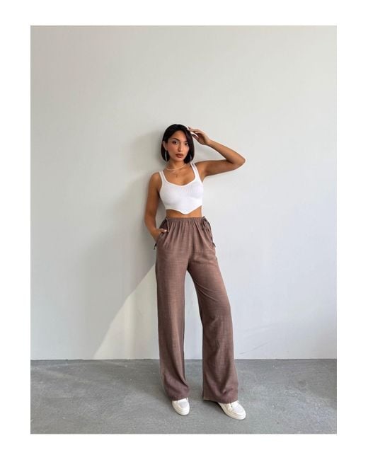 BEJNA Brown Nerzfarbene Leinenhose Mit Seitlicher Bindung Für Damen