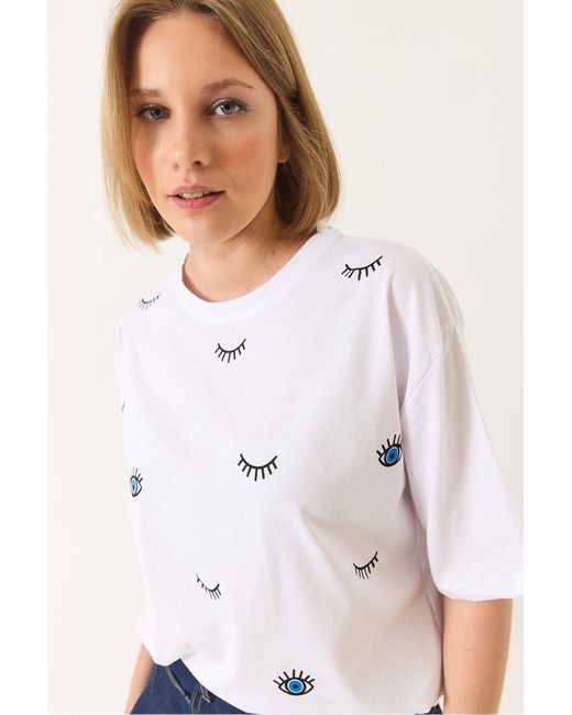 Bianco Lucci White T-Shirt Aus Baumwolle Mit Kurzen Ärmeln Und Augenmuster