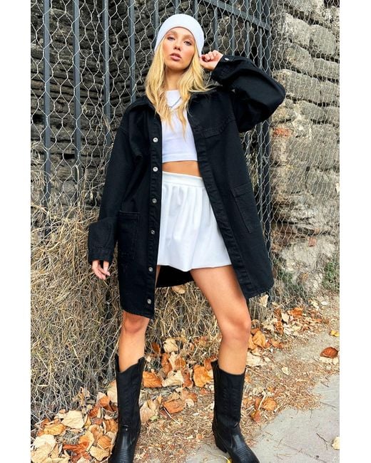 Trend Alaçatı Stili Black Schwarze Oversize-Jeansjacke – Doppeltaschen, Lang, Für Damen