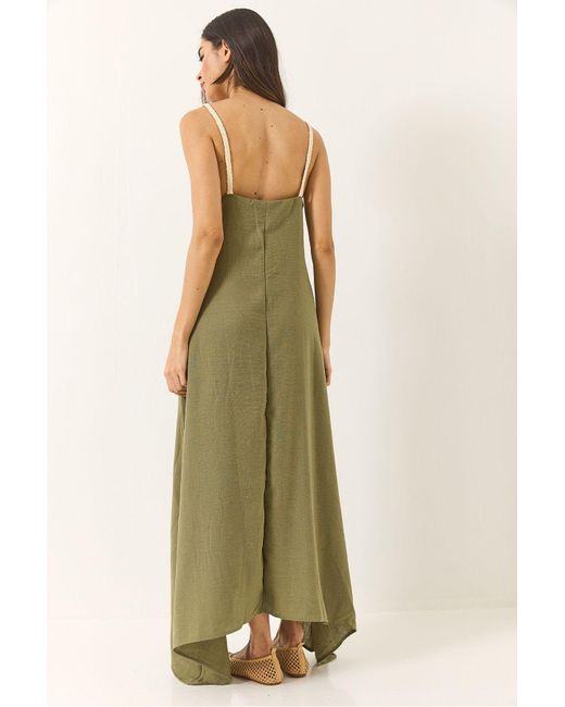 Bianco Lucci Green Freizeitkleid Aus Leinen Mit Gestrickten Trägern Und Asymmetrischem Rock 5937 Für Damen