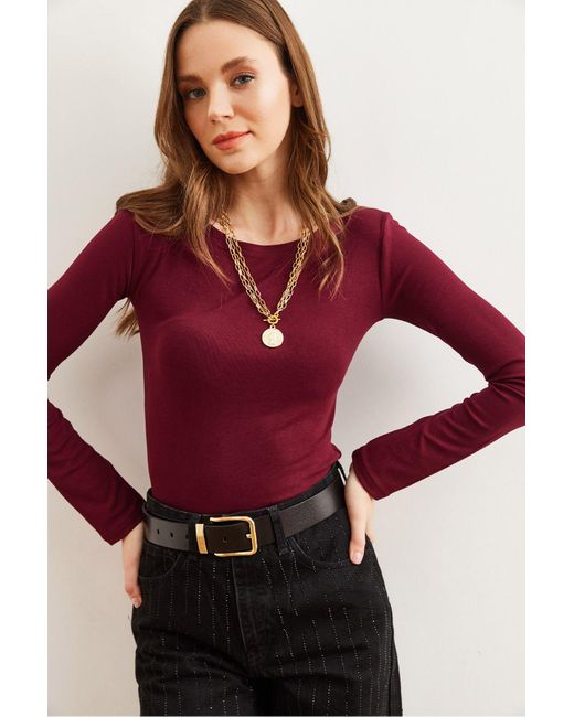 Olalook Red Burgunderrote Bluse Mit U-Boot-Ausschnitt Und Soft-Touch-Basis, Dehnbar, Blz- 19002774 Für Damen