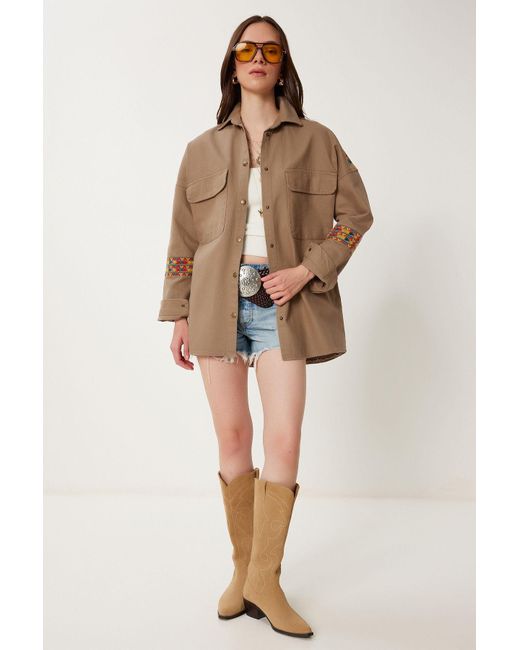 Happiness İstanbul Multicolor Hellbraune, Ethnisch Bestickte, Übergroße Gabardine-Hemdjacke Für Damen