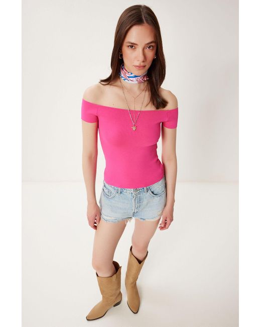 Happiness İstanbul Pink Dunkelrosa Sommer-Strickbluse Mit U-Boot-Ausschnitt Für Damen