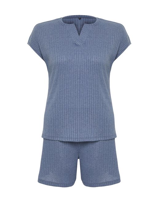 Trendyol Blue Es pyjama-set aus strick mit v-ausschnitt und camisole-muster