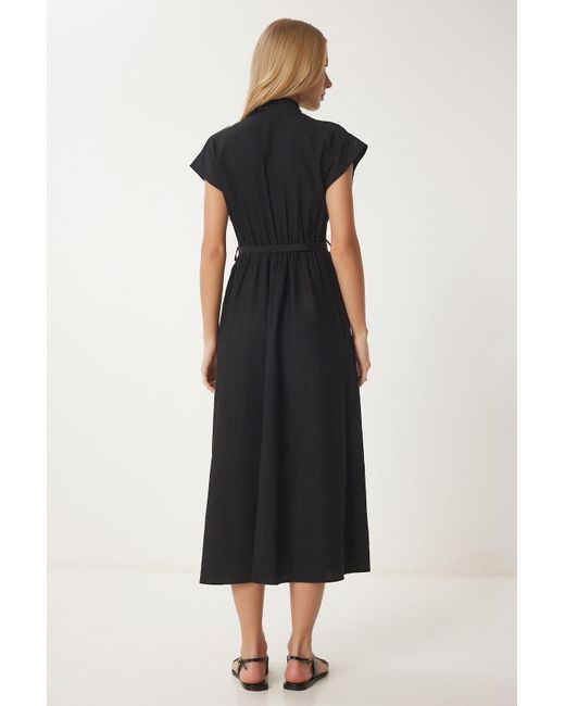 Happiness İstanbul Black Schwarzes, Gewebtes Sommerkleid Mit Crinkle-Effekt Für Damen