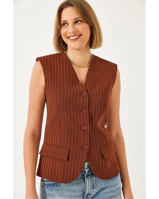 Bianco Lucci Brown Geknöpfte, Gestreifte Weste Mit V-Ausschnitt 60342 Für Damen