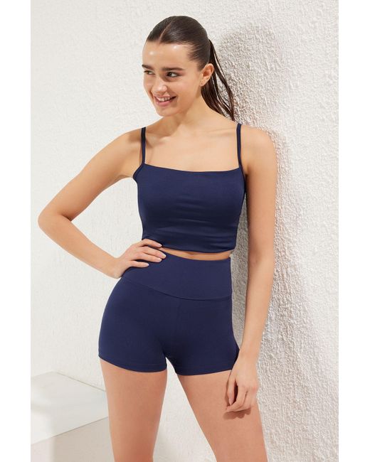 Trendyol Blue Marineblauer, Gebürsteter, Weicher Stoff, Gestrickte Sport-Extra-Shorts/Short-Leggings Für Damen