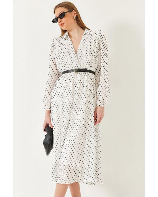 Bianco Lucci Natural Gepunktetes, Mit Chiffon Gefüttertes Midi-Webkleid Mit Elastischem Bund 70295 Für Damen