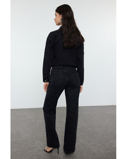 Trendyol Blue Schwarze Strass-Jeans Mit Hoher Taille Und Weitem Bein Und Taschendetail Für Damen
