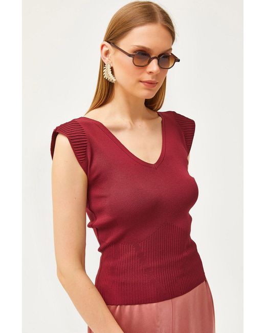 Olalook Red Burgunderfarbene Strickbluse Mit V-Ausschnitt Vorne Und Hinten Für Damen