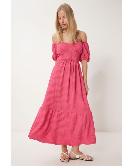 Happiness İstanbul Pink Dunkelrosa Strickkleid Mit Herzförmigem Ausschnitt Und Strukturiertem Sommer-Strickkleid Für Damen