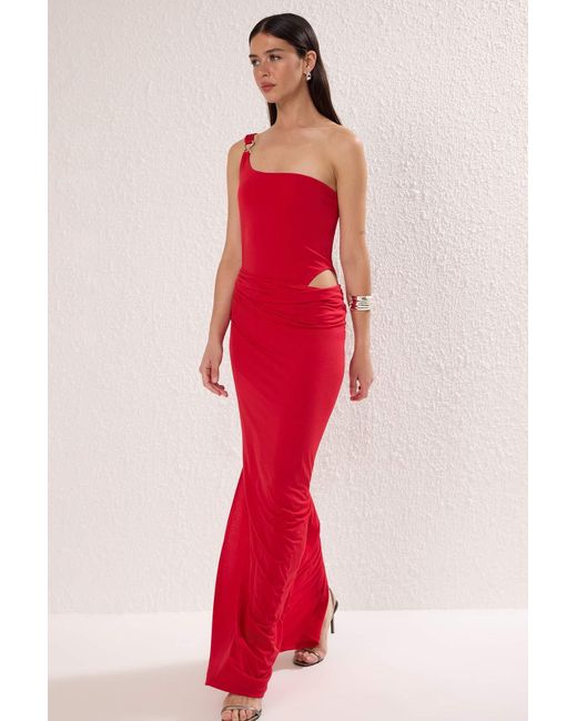 Trendyol Red Rotes, Figurbetontes, Detailliertes, Gestricktes, Langes, Stilvolles Abendkleid, Nachtkleid, Für Damen