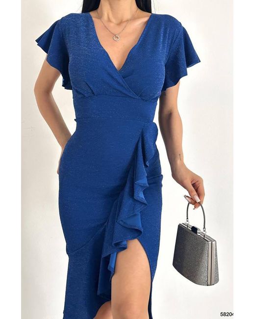 Deafox Blue Saks – Glitzerndes Kleid Aus Volantstoff Mit Blumenmuster