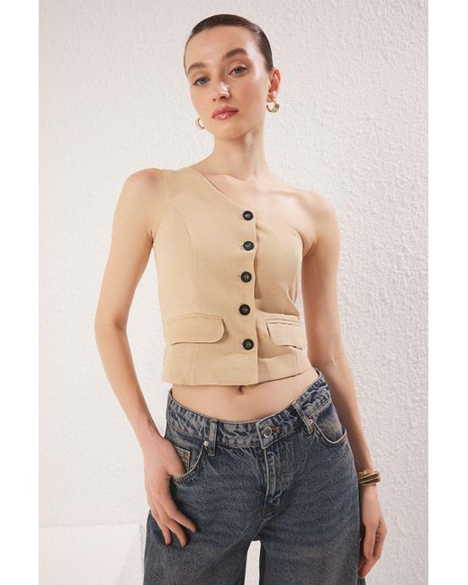 Trendyol Natural Beigefarbene Gewebte Weste Mit Einem Ärmel Und Normaler Leinenoptik Für Damen
