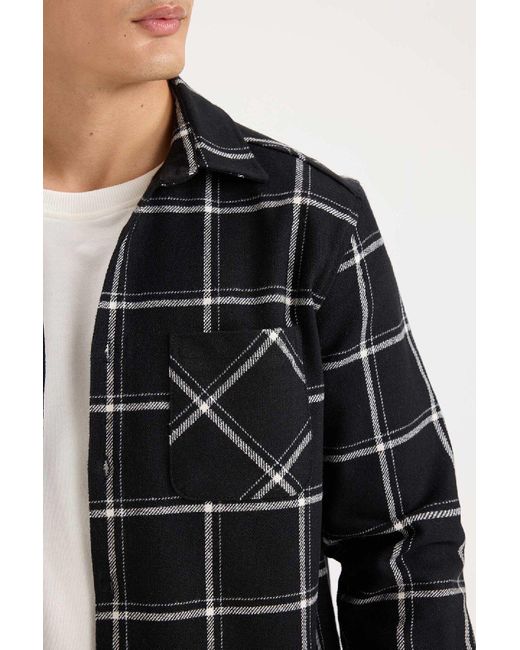 Defacto Langärmliges Hemd Aus Kariertem Flanell Mit Normaler Passform Und Polokragen Für Herren in Black für Herren